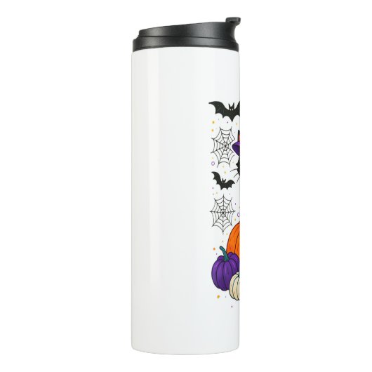 Schattigee zwarte heks kat pompoen Halloween kostu Thermosbeker (Gedraaid links)