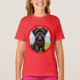 Schattigee zwarte hond met rode halsband in Cartoo T-shirt