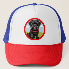 Schattigee zwarte hond met rode halsband in Cartoo Trucker Pet