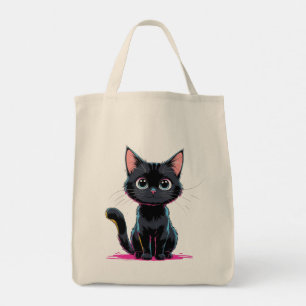 Schattigee Zwarte Kat Anime Illustratie Speelse Ca Tote Bag