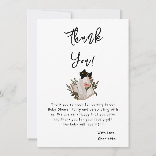 Schattigee zwarte kat en boek Baby shower Bedankkaart (Voorkant)