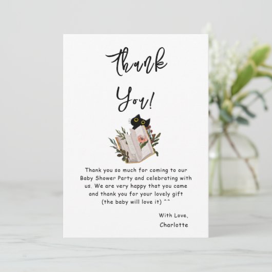 Schattigee zwarte kat en boek Baby shower Bedankkaart (Staand voorkant)