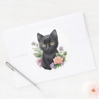 Schattigee zwarte kat floraal grillig ronde sticker