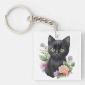 Schattigee zwarte kat floraal grillig sleutelhanger (voorkant)