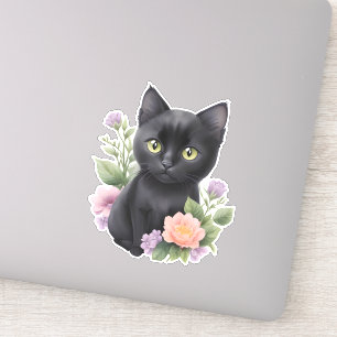 Schattigee zwarte kat floraal grillig sticker
