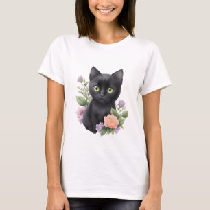 Schattigee zwarte kat floraal grillig t-shirt