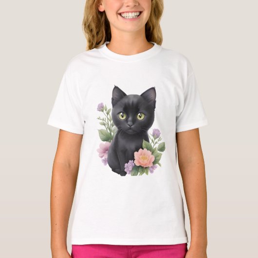Schattigee zwarte kat floraal grillig t-shirt (Voorkant)