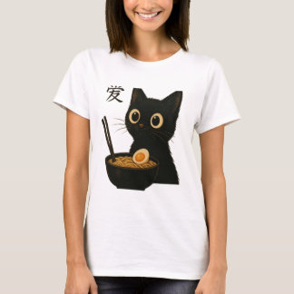 Schattigee Zwarte Kat Genieten van Ramen - Grappig T-shirt