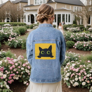 Schattigee zwarte kat grote ogen art Denim Jean Ja Jacket