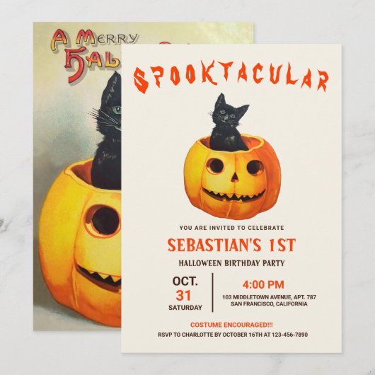 Schattigee zwarte kat Halloween Verjaardag Kaart (Voorkant / Achterkant)