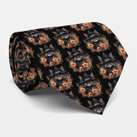 Schattigee zwarte kat in een heks Pet Pattern Stropdas (Opgerold)