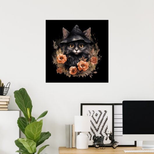 Schattigee zwarte kat in een heks Pet Poster (Thuiskantoor)