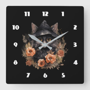 Schattigee zwarte kat in een heks Pet Vierkante Klok
