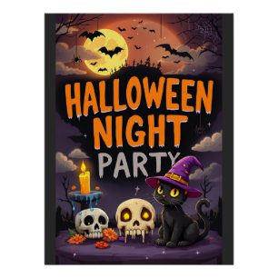 Schattigee zwarte kat in heks Pet Halloween Night Perfect Poster