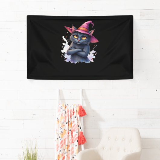 Schattigee zwarte kat in heks Pet - magische Hallo Spandoek (Insitu)