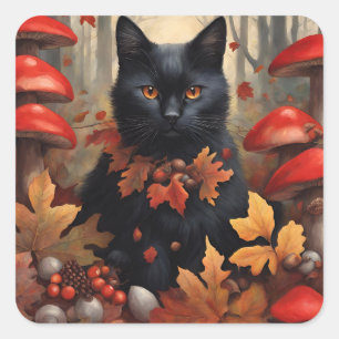 Schattigee Zwarte Kat in Herfstbos Vierkante Sticker