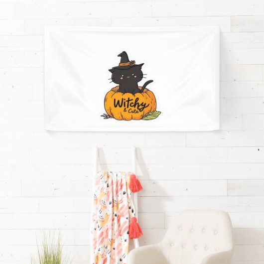Schattigee zwarte kat in pompoen met heks pet, kaw spandoek (Insitu)