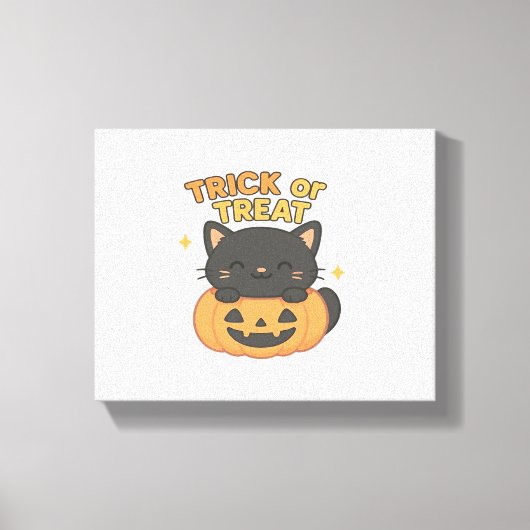 Schattigee zwarte kat in pompoen – Trick or treat  Canvas Afdruk (Voorkant)