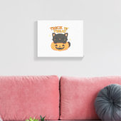 Schattigee zwarte kat in pompoen – Trick or treat  Canvas Afdruk (Insitu (Woonkamer))