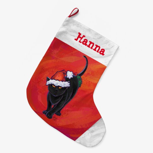 Schattigee zwarte kat in Santa Hat op rood Grote Kerstsok (Voorkant (Hangend))