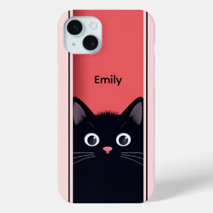 Schattigee zwarte kat kitten modern gepersonalisee iPhone 15 mini hoesje