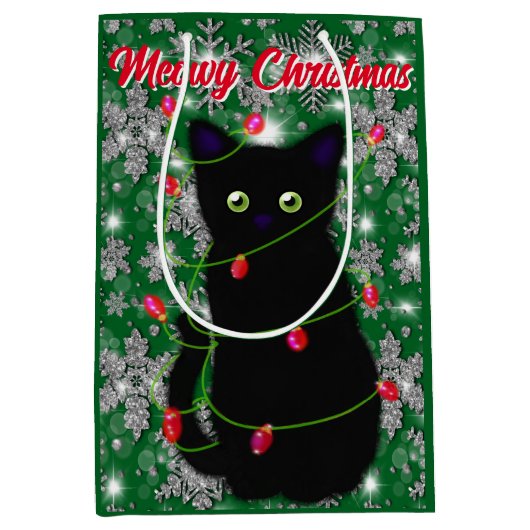 Schattigee zwarte kat Meowy Christmas Medium Cadeauzakje (Voorkant)