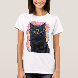 Schattigee zwarte kat met bril en hoofdtelefoon t-shirt