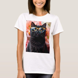 Schattigee zwarte kat met bril en hoofdtelefoon t-shirt