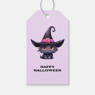 Schattigee zwarte kat met een heks Pet Halloween Cadeaulabel