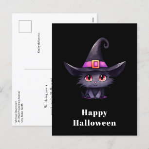 Schattigee zwarte kat met een heks Pet Halloween Feestdagenkaart