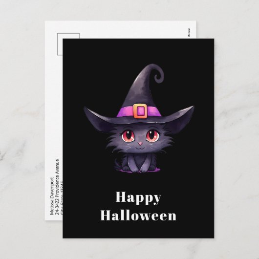 Schattigee zwarte kat met een heks Pet Halloween Feestdagenkaart (Voorkant / Achterkant)