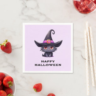Schattigee zwarte kat met een heks Pet Halloween Servet