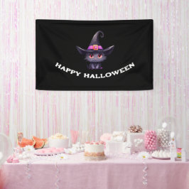 Schattigee zwarte kat met een heks Pet Halloween Spandoek