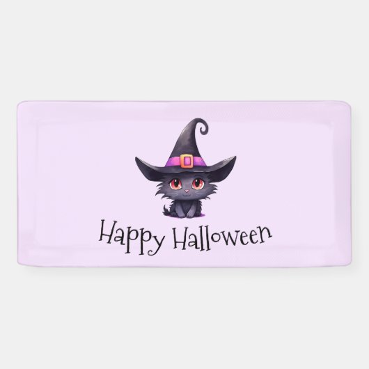 Schattigee zwarte kat met een heks Pet Halloween Spandoek (Horizontaal)