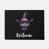 Schattigee zwarte kat met een heks Pet Welkom Deurmat (Voorkant)