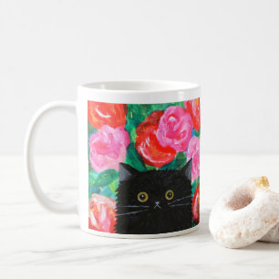 Schattigee Zwarte Kat met Heldere Kleurrijke Bloem Koffiemok