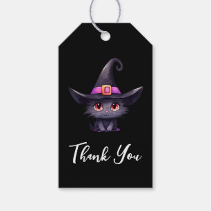 Schattigee zwarte kat met het Pet van een heks Cadeaulabel