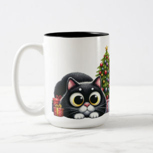 SCHATTIGEE ZWARTE KAT MET KERSTBOOM TWEEKLEURIGE KOFFIEMOK