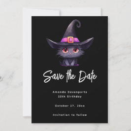 Schattigee zwarte kat met Pet van een heks Save The Date