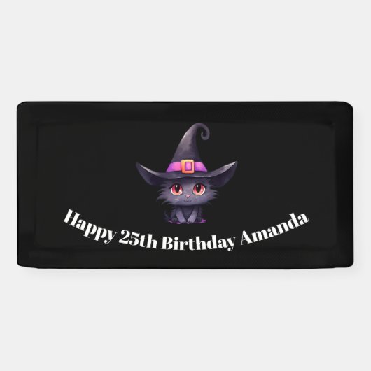Schattigee zwarte kat met Pet van een heks Spandoek (Horizontaal)