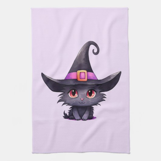 Schattigee zwarte kat met Pet van een heks Theedoek (Verticaal)