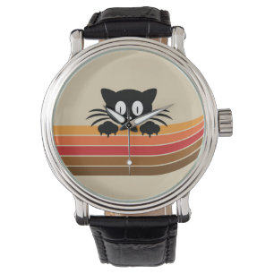 Schattigee zwarte kat met retro strepen horloge
