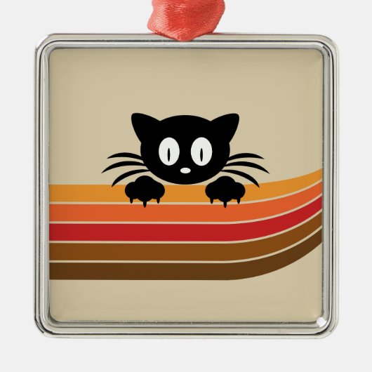 Schattigee zwarte kat met retro strepen metalen ornament (Voorkant)
