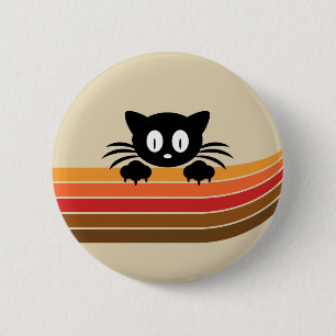 Schattigee zwarte kat met retro strepen ronde button 5,7 cm