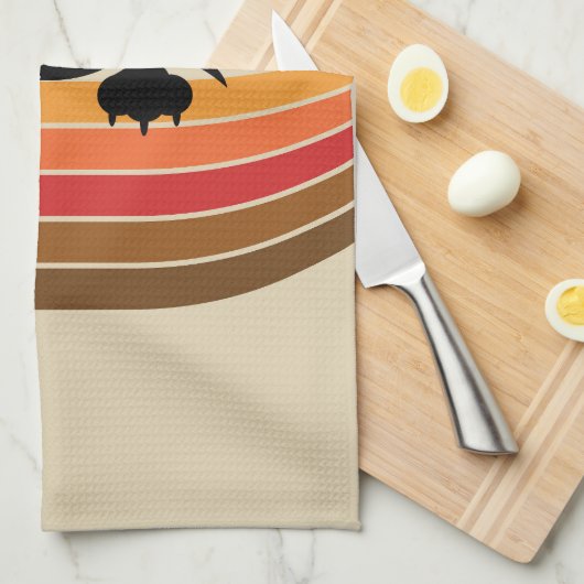 Schattigee zwarte kat met retro strepen theedoek (Quarter Fold)