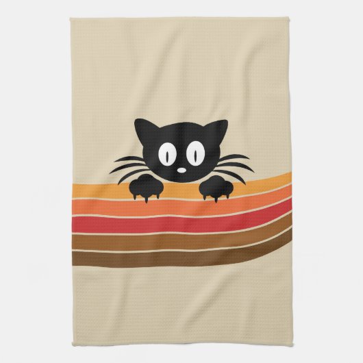 Schattigee zwarte kat met retro strepen theedoek (Verticaal)