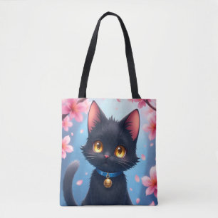 Schattigee zwarte kat met Sakura Flowers Canvas ta Draagtas