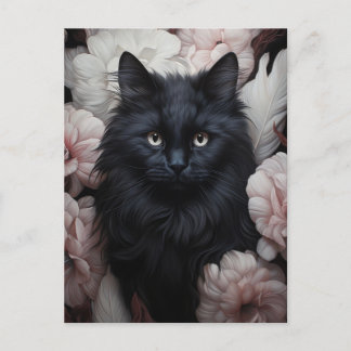 Schattigee zwarte kat onder de bloemen briefkaart