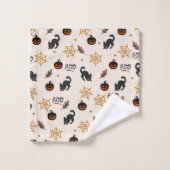 Schattigee Zwarte Kat Pompoen Halloween Patroon Bad Handdoek (Wasdoekje)