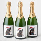 Schattigee Zwarte Kat Santa Kerstverlichting Mauw  Sparkling Wijnetiket (Flessen)